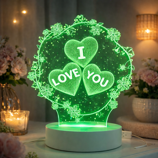 💜 Lampă LED 3D Personalizată „I LOVE YOU” – Inimi Wireframe & Coroană Florală