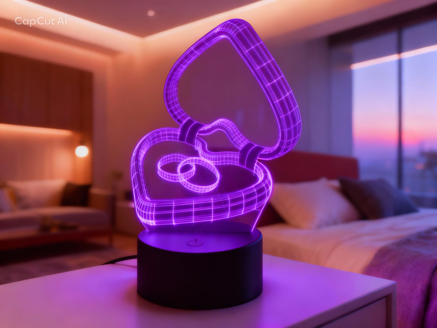 Lampă LED 3D Cutie Inimă cu Inele – Iluminare Multicolor RGB, Cadou pentru Logodnă & Nuntă