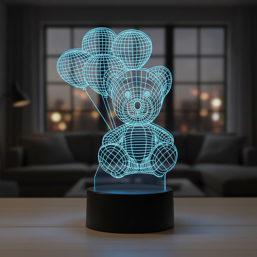 Lampă LED 3D Ursuleț cu Baloane – Cadou Romantic, Iluminare Multicolor, Decor Premium
