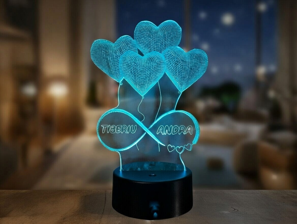 ❤️ Lampă LED 3D Personalizată – Inimi & Infinit cu Nume