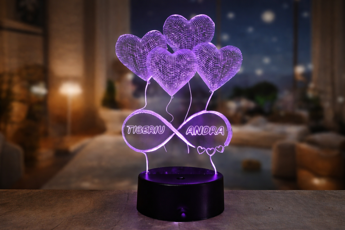 ❤️ Lampă LED 3D Personalizată – Inimi & Infinit cu Nume