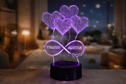 ❤️ Lampă LED 3D Personalizată – Inimi & Infinit cu Nume