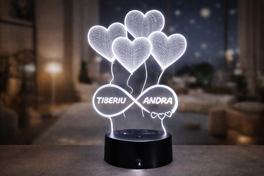 ❤️ Lampă LED 3D Personalizată – Inimi & Infinit cu Nume