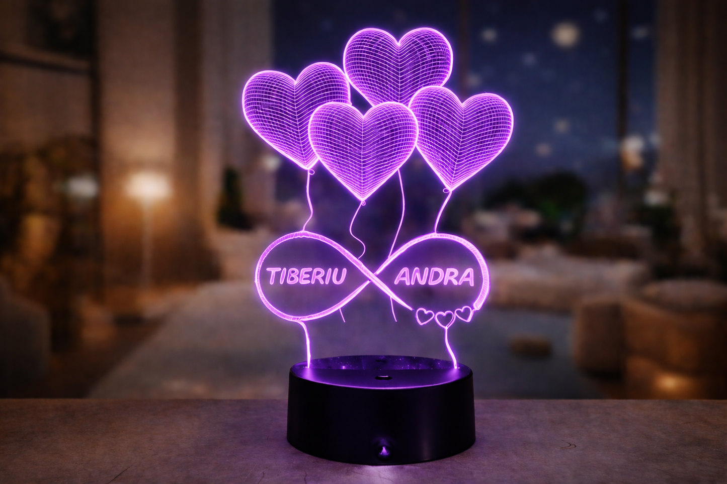 ❤️ Lampă LED 3D Personalizată – Inimi & Infinit cu Nume