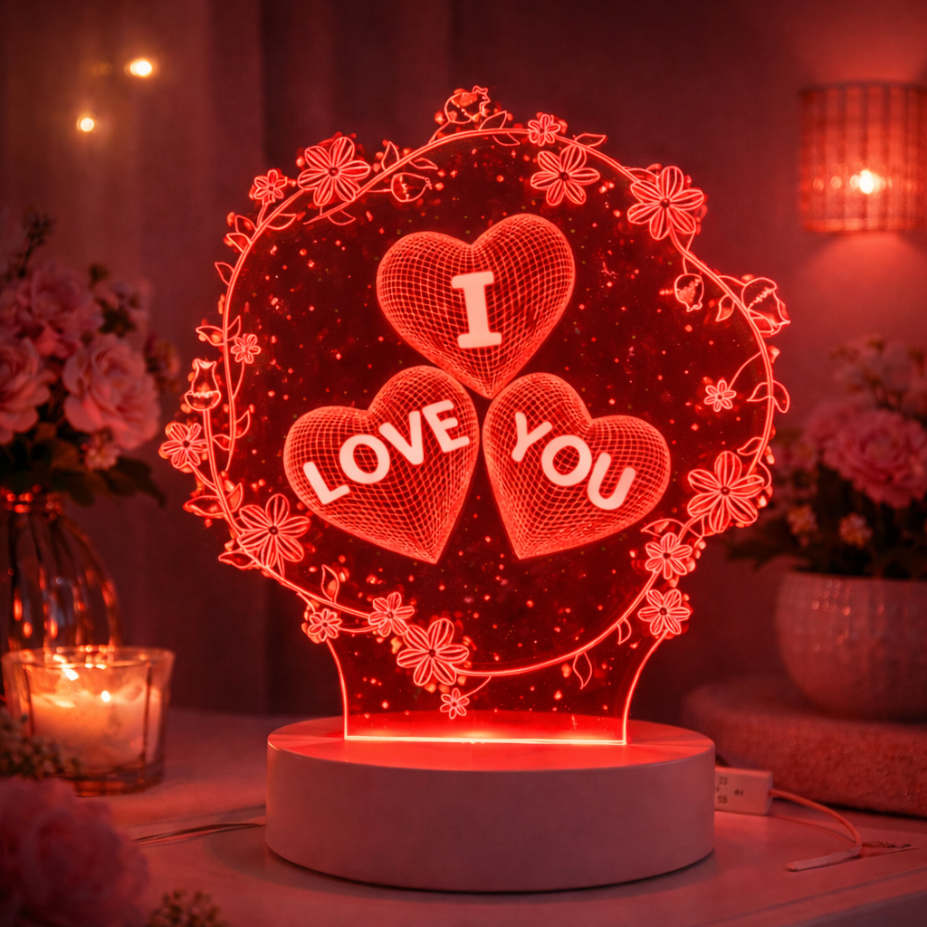 💜 Lampă LED 3D Personalizată „I LOVE YOU” – Inimi Wireframe & Coroană Florală