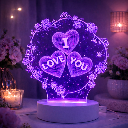 💜 Lampă LED 3D Personalizată „I LOVE YOU” – Inimi Wireframe & Coroană Florală