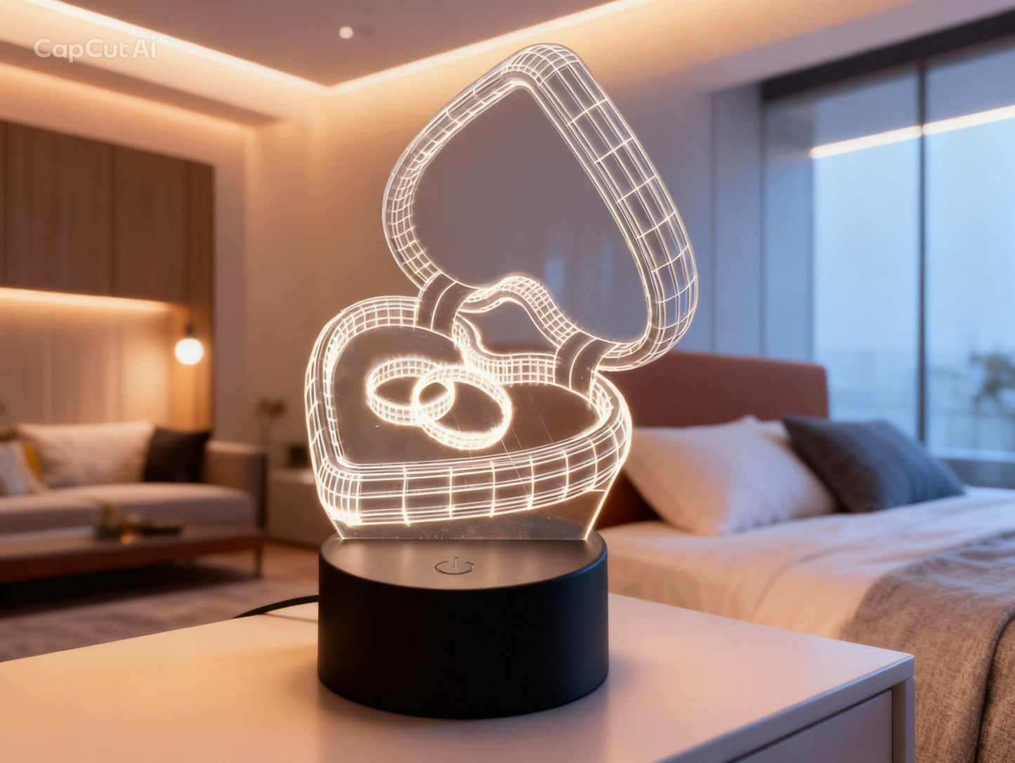 Lampă LED 3D Cutie Inimă cu Inele – Iluminare Multicolor RGB, Cadou pentru Logodnă &amp; Nuntă