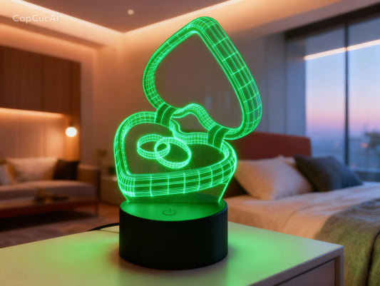 Lampă LED 3D Cutie Inimă cu Inele – Iluminare Multicolor RGB, Cadou pentru Logodnă &amp; Nuntă