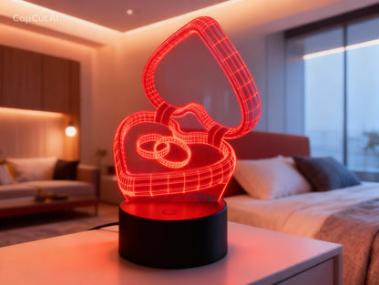 Lampă LED 3D Cutie Inimă cu Inele – Iluminare Multicolor RGB, Cadou pentru Logodnă &amp; Nuntă