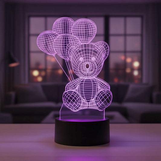Lampă LED 3D Ursuleț cu Baloane – Cadou Romantic, Iluminare Multicolor, Decor Premium