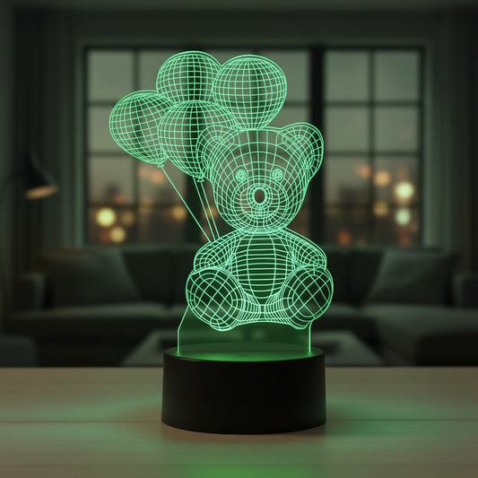Lampă LED 3D Ursuleț cu Baloane – Cadou Romantic, Iluminare Multicolor, Decor Premium